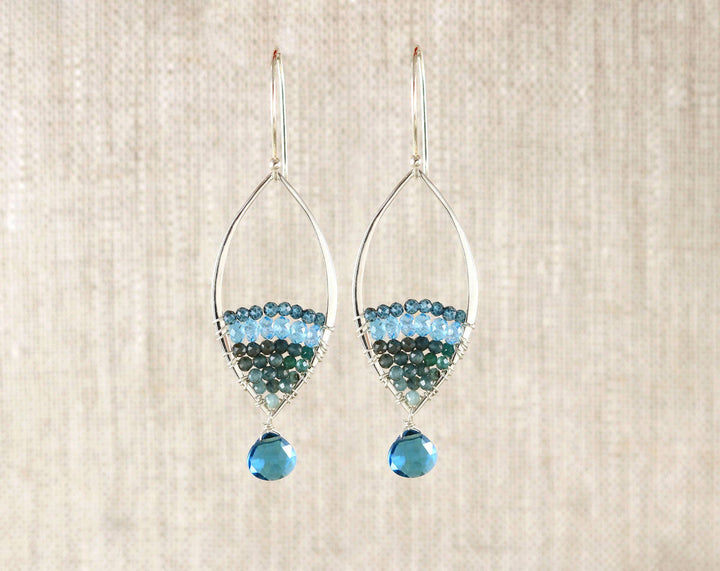 Grandidierite, Quartz, and Topaz Silver Teardrop Earrings