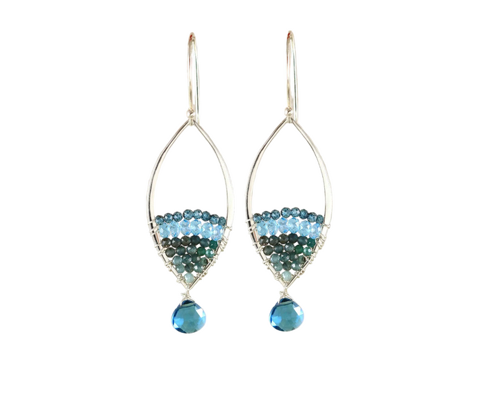 Grandidierite, Quartz, and Topaz Silver Teardrop Earrings