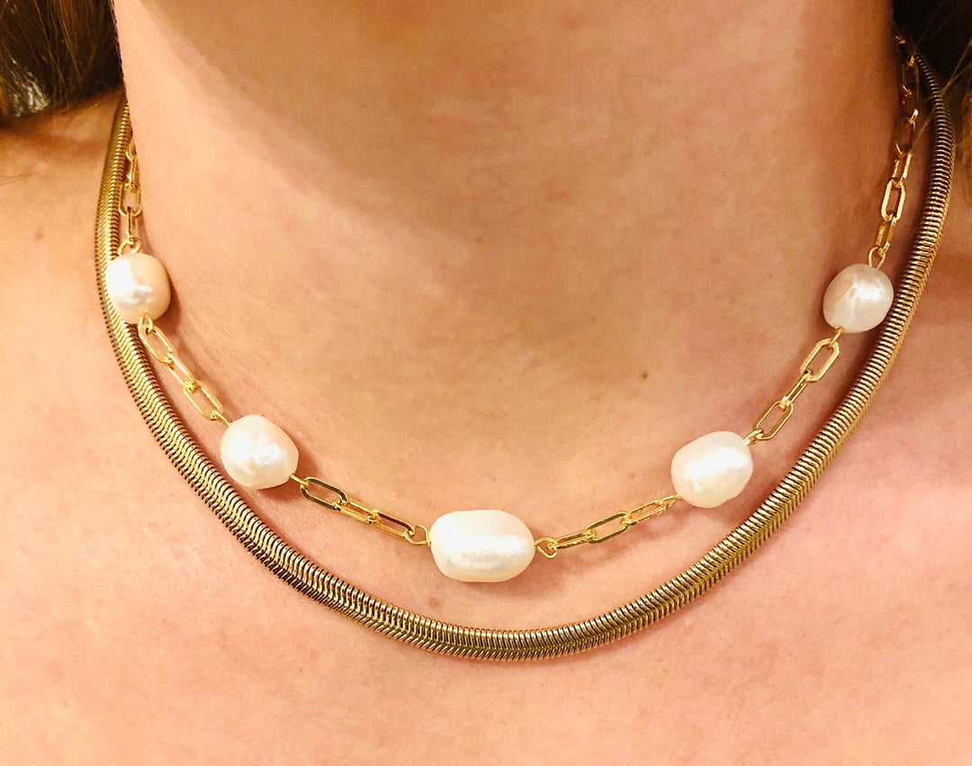 #1062-Potato Pearl and Chain Link Necklace