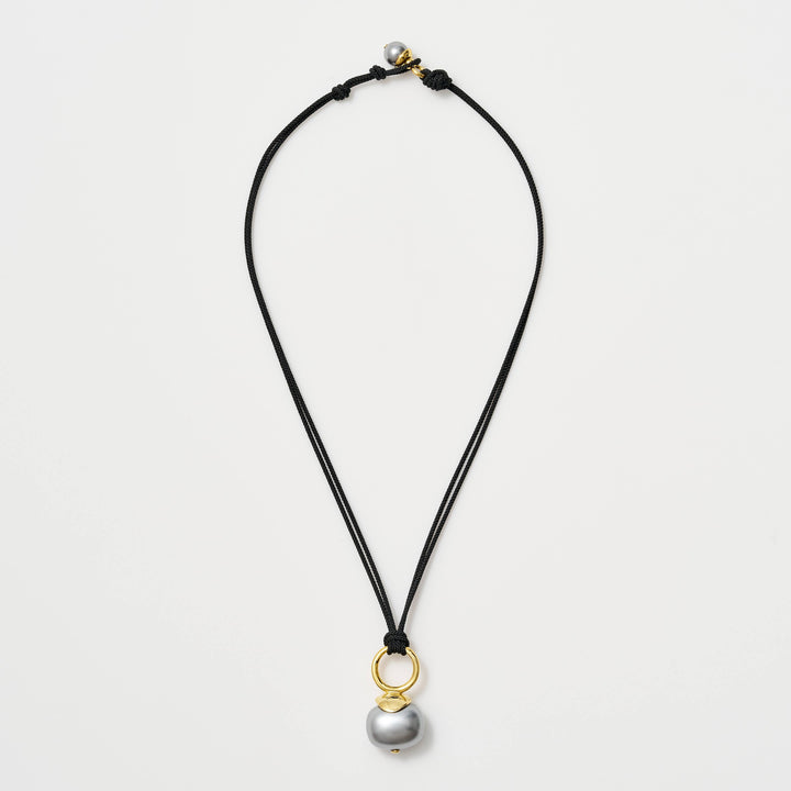Grey Pebble Pearl Cord Necklace - Gold w/ Black Cord