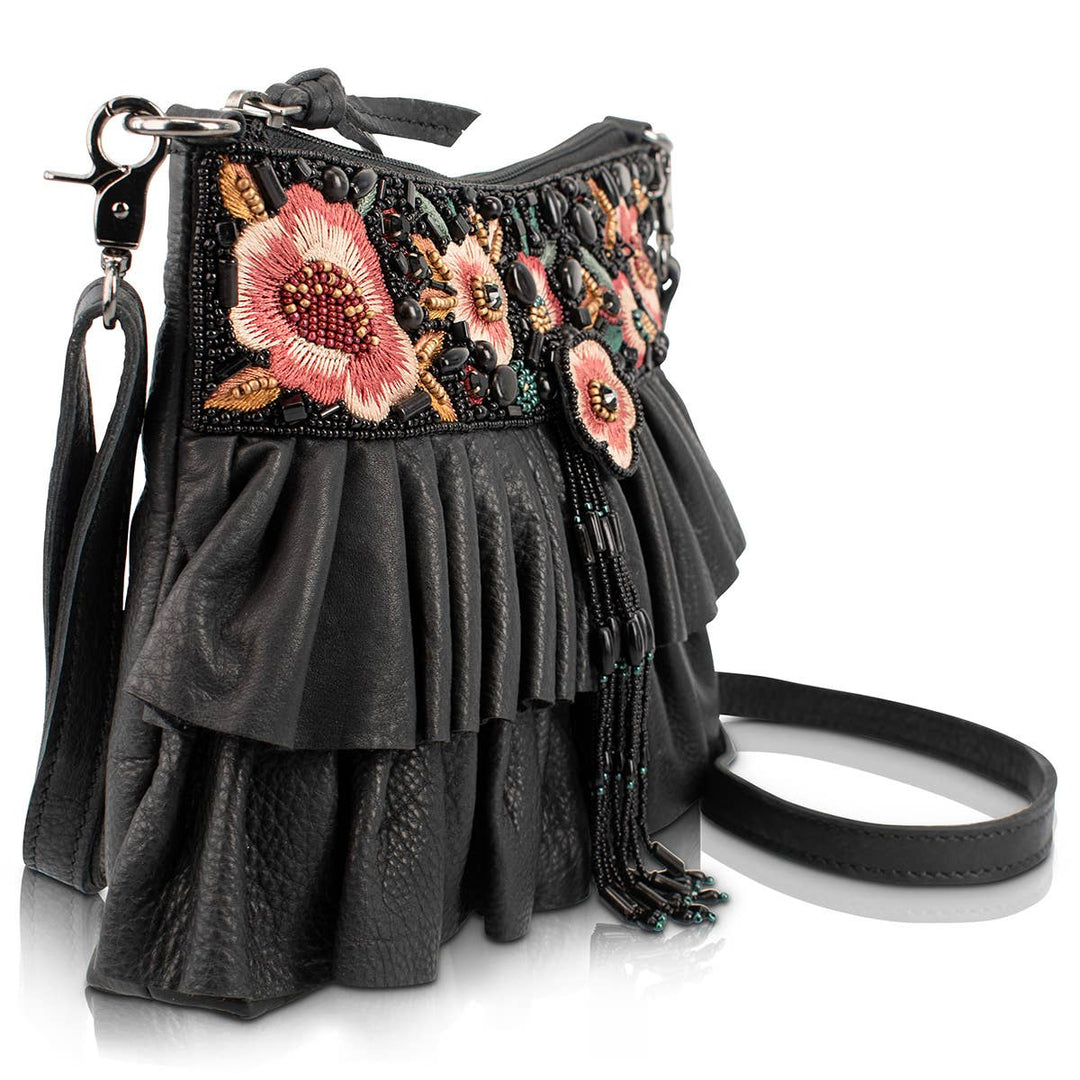 Floral Flair Black Embroidered Ruffle Handbag