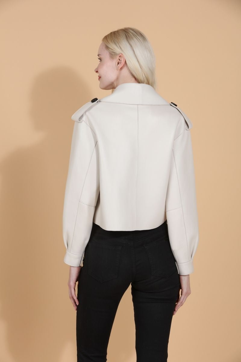 Leather Oversized Moto Jacket - Cream