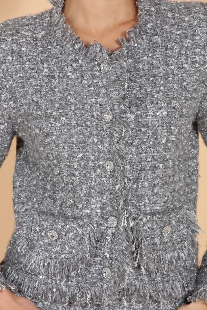 Cashmere Blended Tweed Knit Jacket - Grey