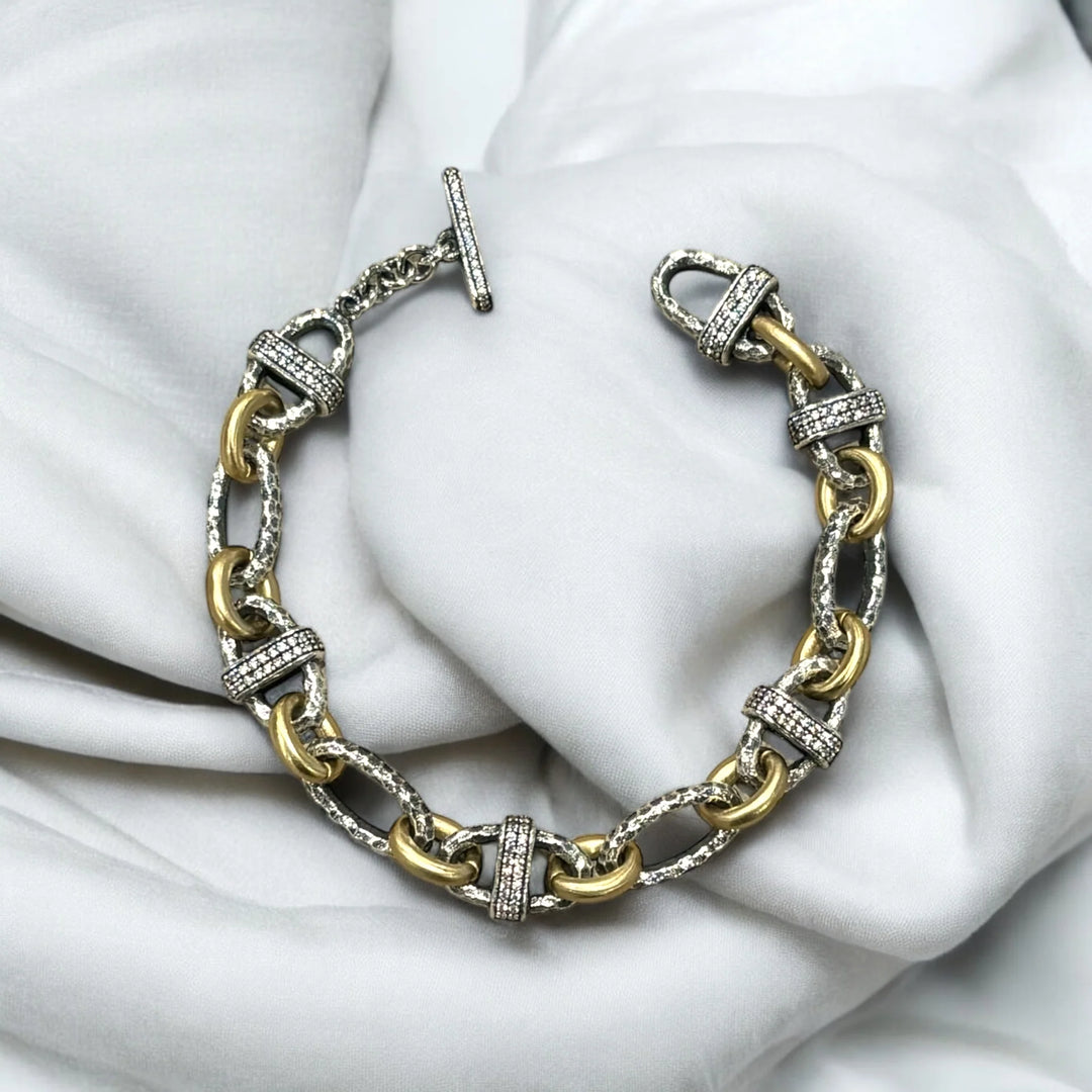 Vintage Silver Two-Tone Pave Ravelle Thin Hammered Chain Bracelet