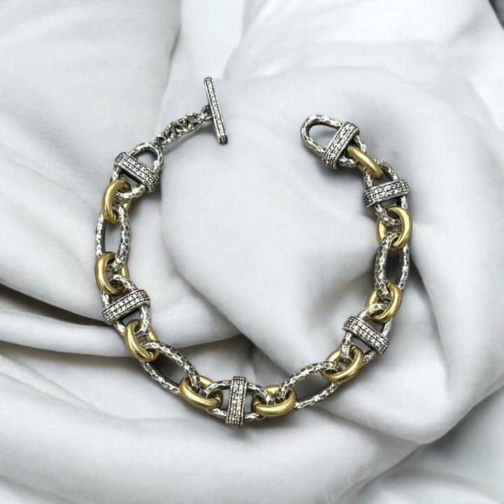 Vintage Silver Two-Tone Pave Ravelle Thin Hammered Chain Bracelet