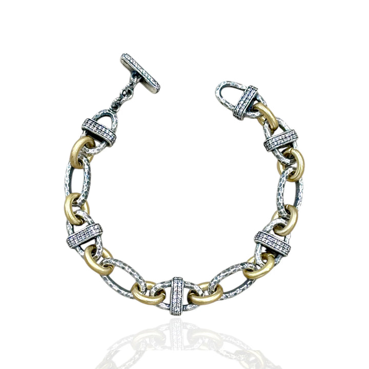 Vintage Silver Two-Tone Pave Ravelle Thin Hammered Chain Bracelet