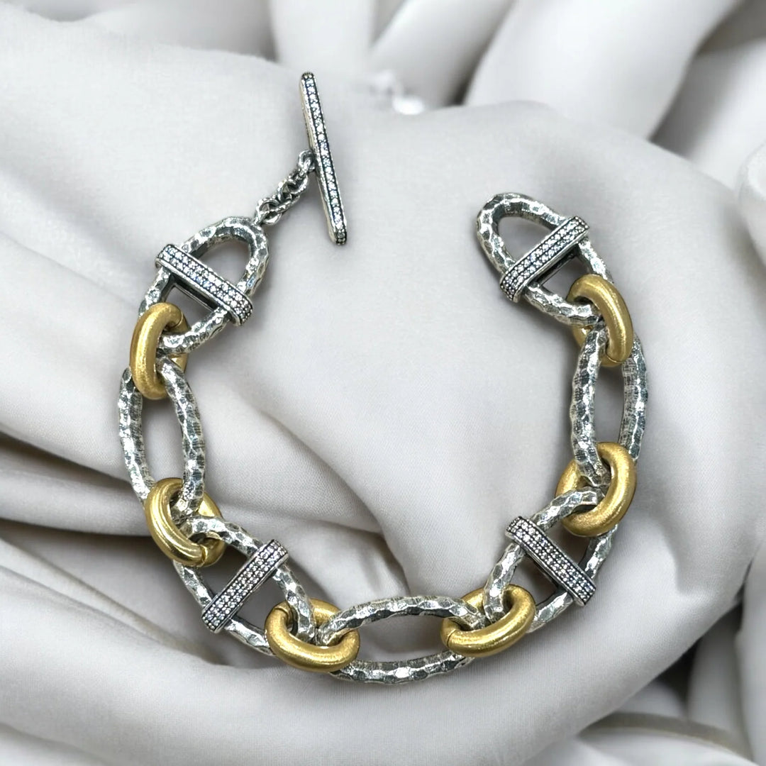 Vintage Silver Two-Tone Pave Ravelle Hammered Chain Bracelet