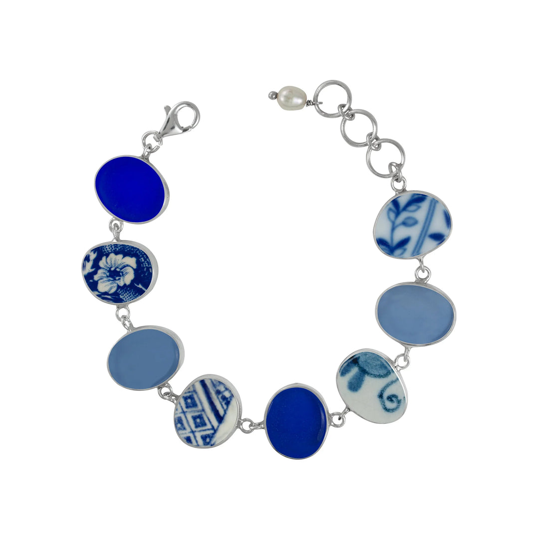 Blue Sea Glass and Pottery Oval Links Bracelet