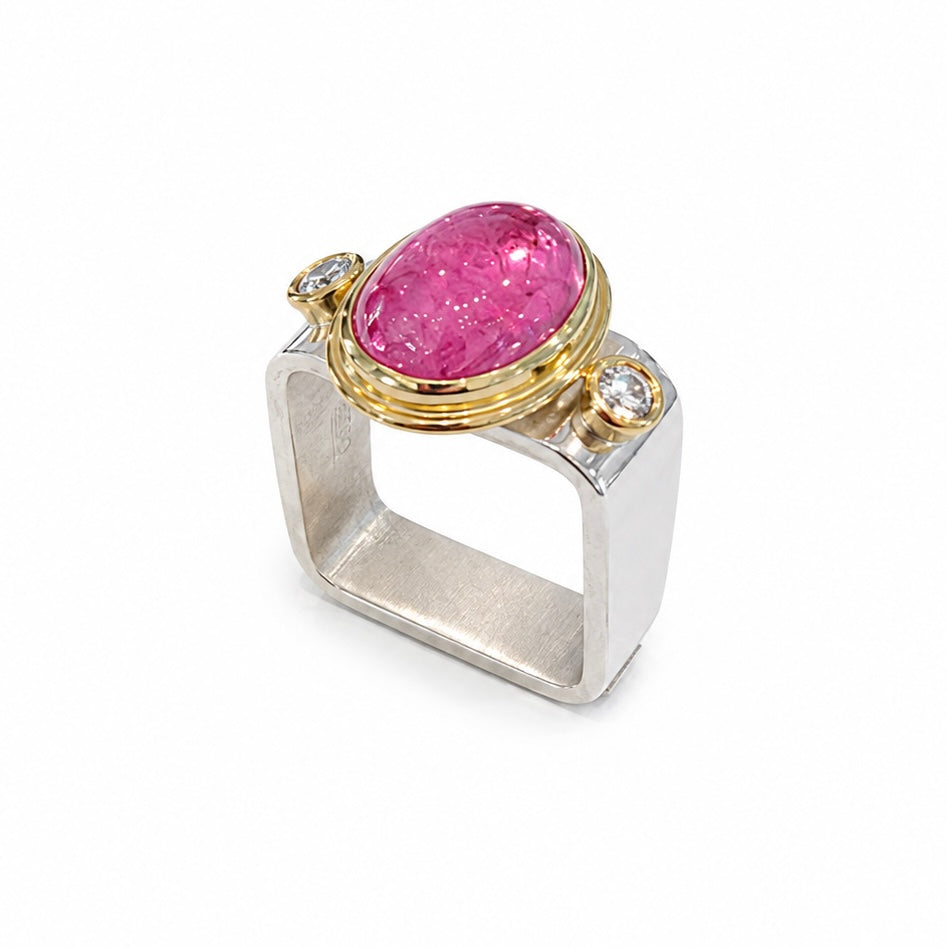 Pink Tourmaline & Diamonds Square Ring