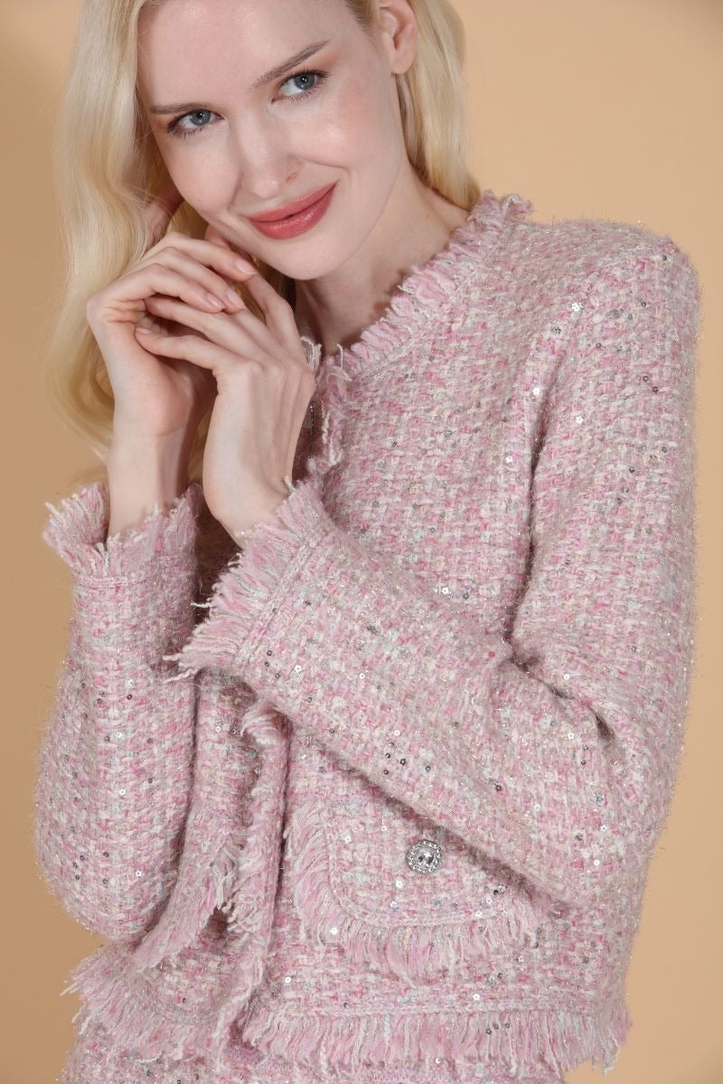Cashmere Blended Tweed Knit Jacket - Pink