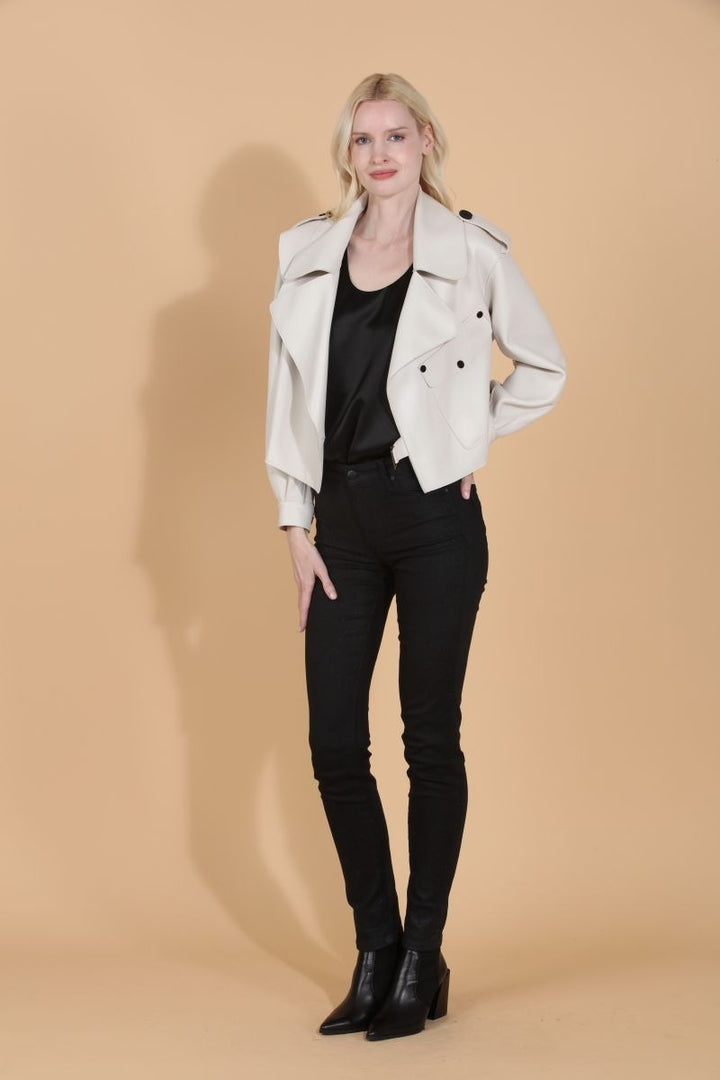 Leather Oversized Moto Jacket - Cream