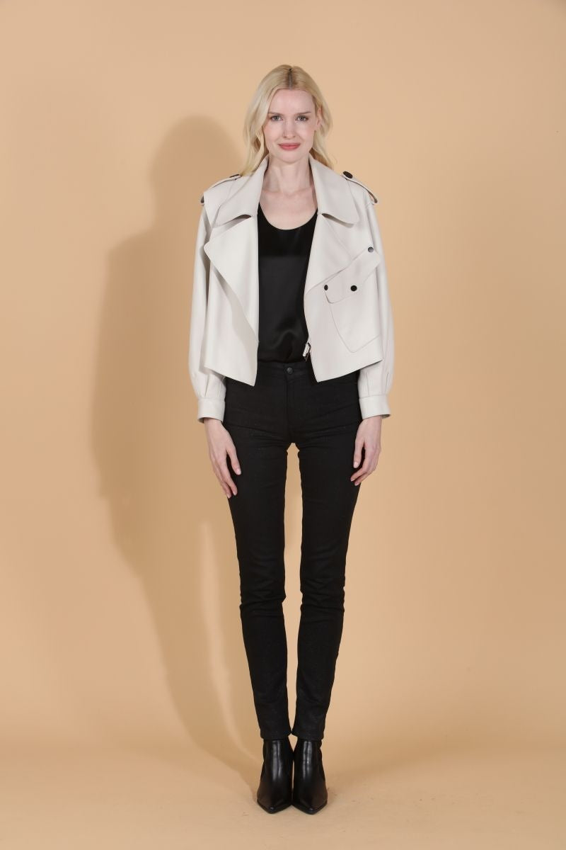 Leather Oversized Moto Jacket - Cream