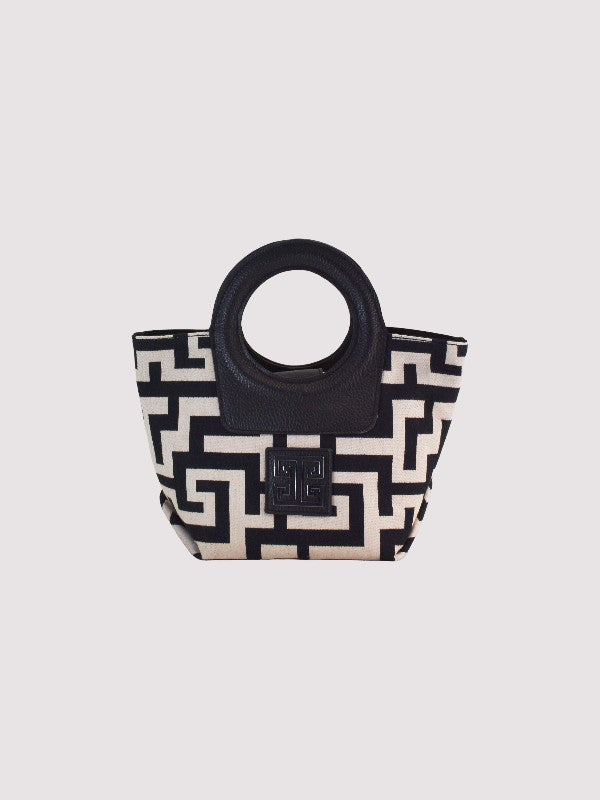 IMERA Small – CLASSIC Pattern Handbag in Ecru/Black with EL Strap