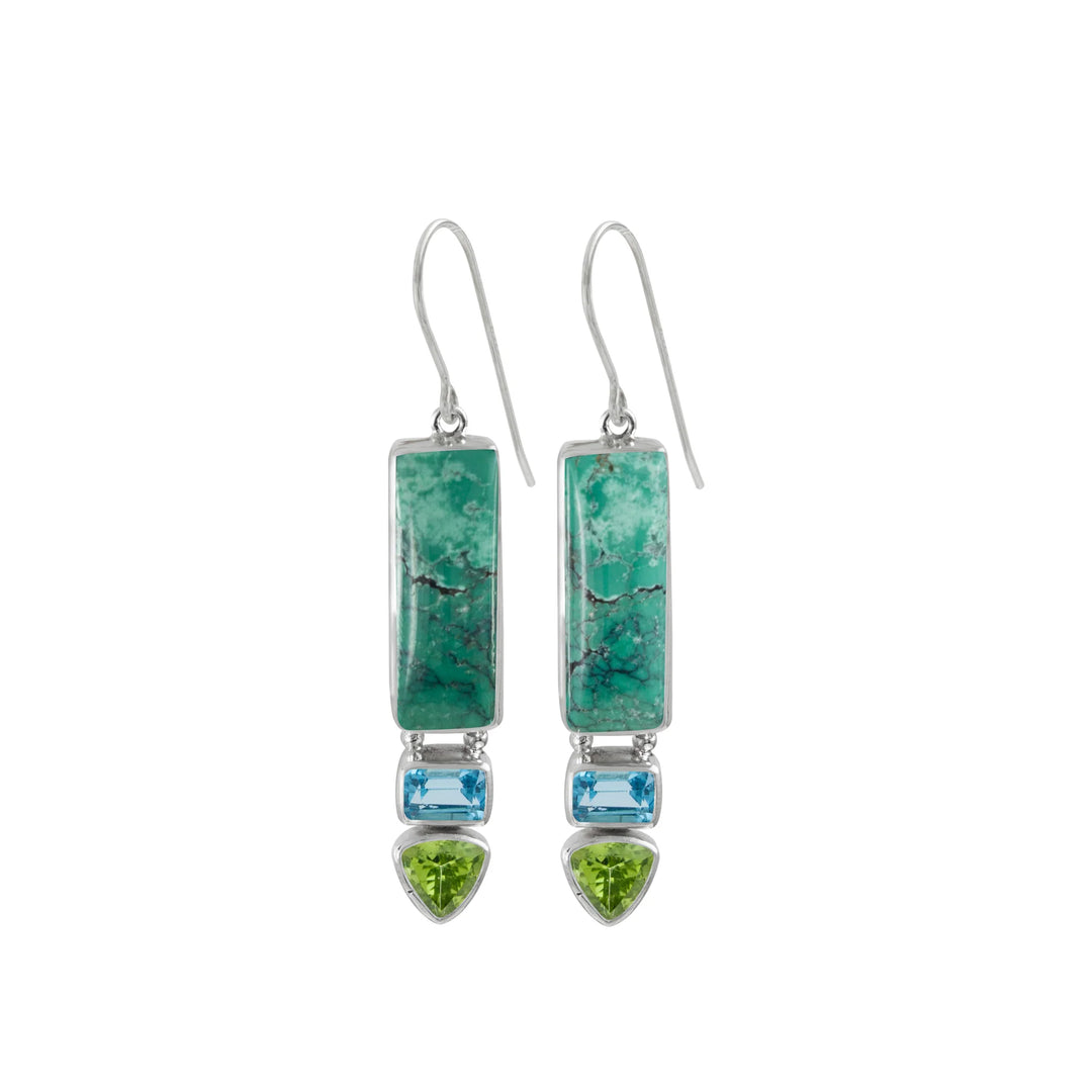 Turquoise, Blue Topaz, and Peridot Hanging Earrings