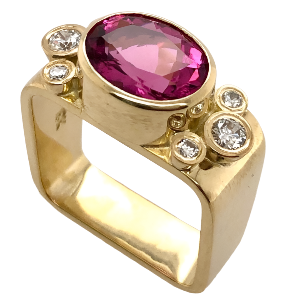 Pink Tourmaline with Diamonds Square Ring