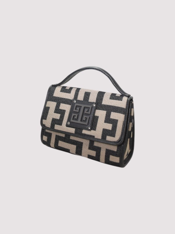 FOTINI Mini – Classic Pattern Handbag in Beige/Black with EL Strap