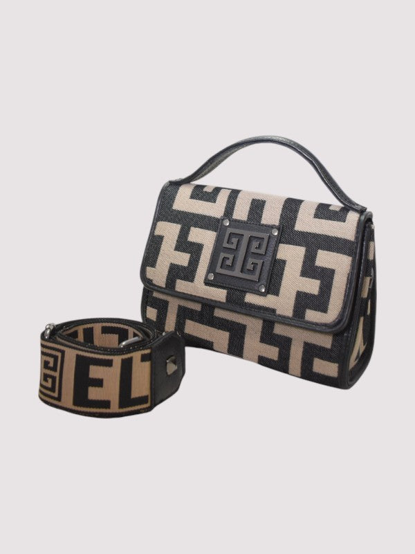 FOTINI Mini – Classic Pattern Handbag in Beige/Black with EL Strap