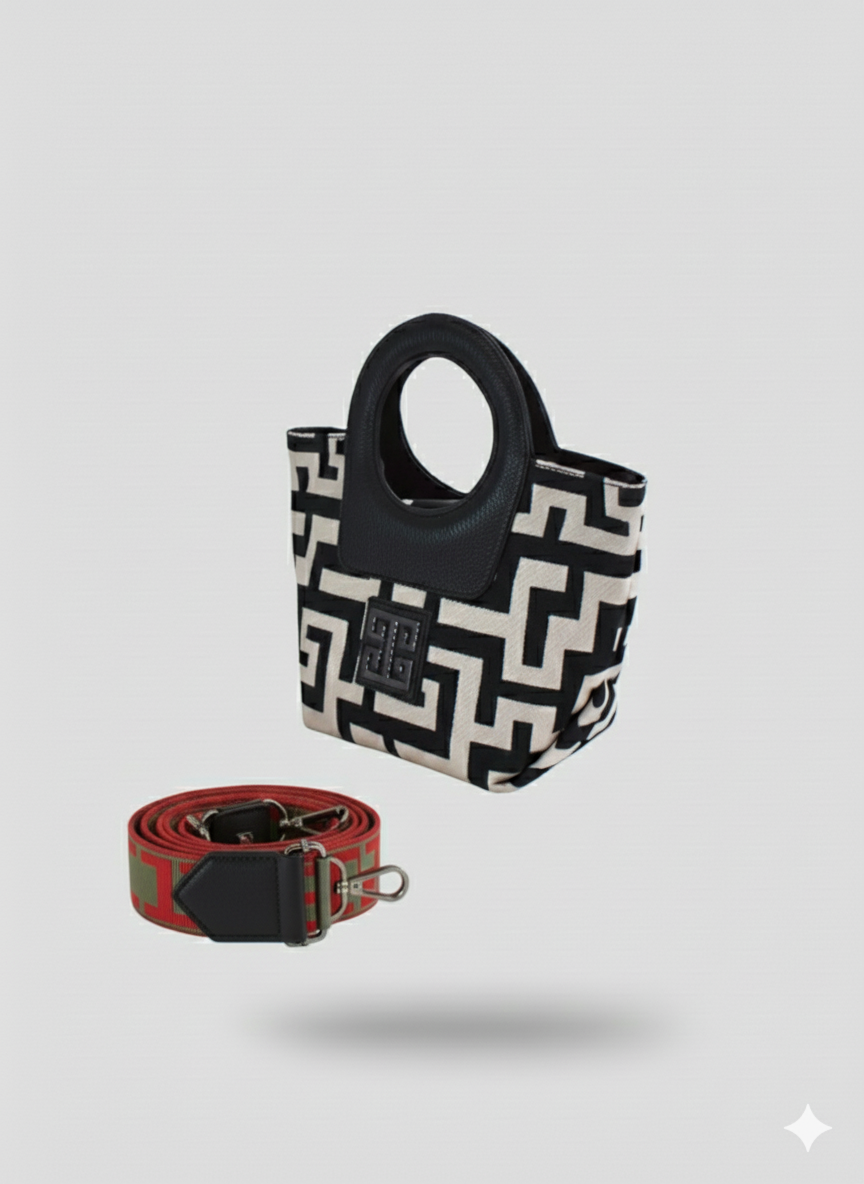 IMERA Small – CLASSIC Pattern Handbag in Ecru/Black with EL Strap