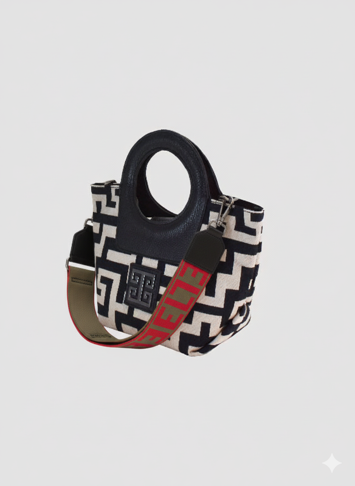 IMERA Small – CLASSIC Pattern Handbag in Ecru/Black with EL Strap