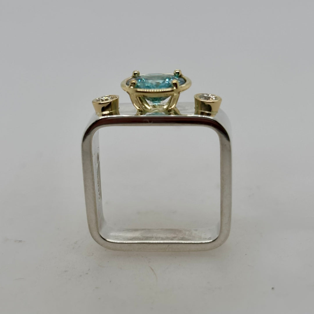 Blue Zircon 2-Tone Captured Gem Square Ring