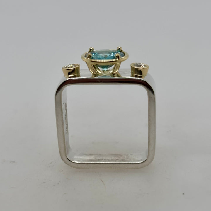 Blue Zircon 2-Tone Captured Gem Square Ring