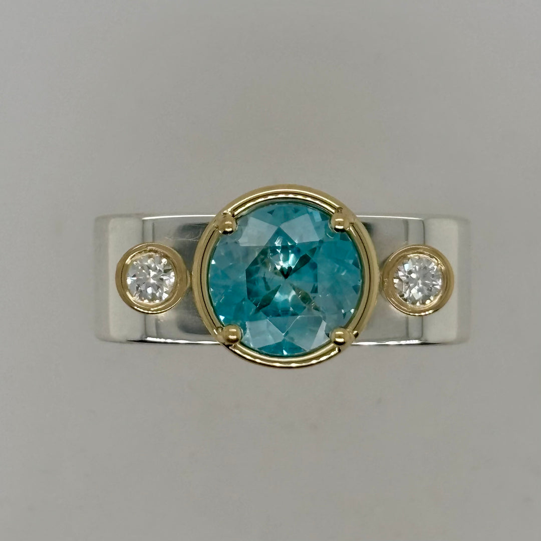 Blue Zircon 2-Tone Captured Gem Square Ring