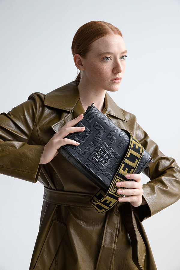 OURANOS Crossbody Bag – Embossed Premium Leather in Black with EL Strap