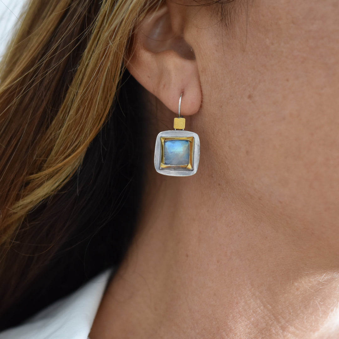 Square Folds Earrings ~ Rainbow Moonstone