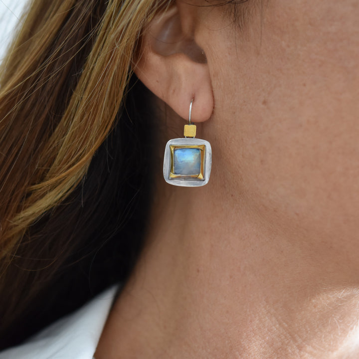 Square Folds Earrings ~ Rainbow Moonstone