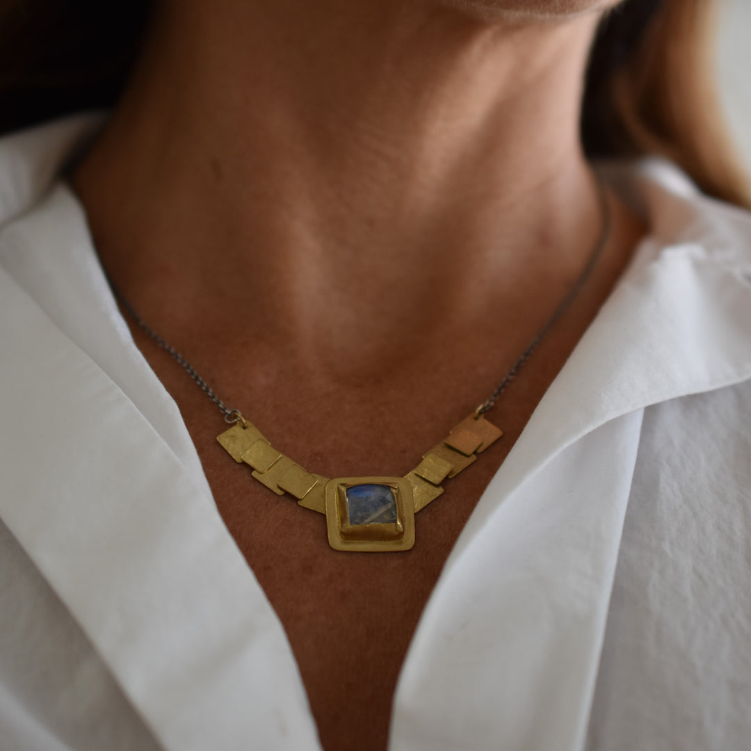 Square Pivot Necklace ~ Rainbow Moonstone