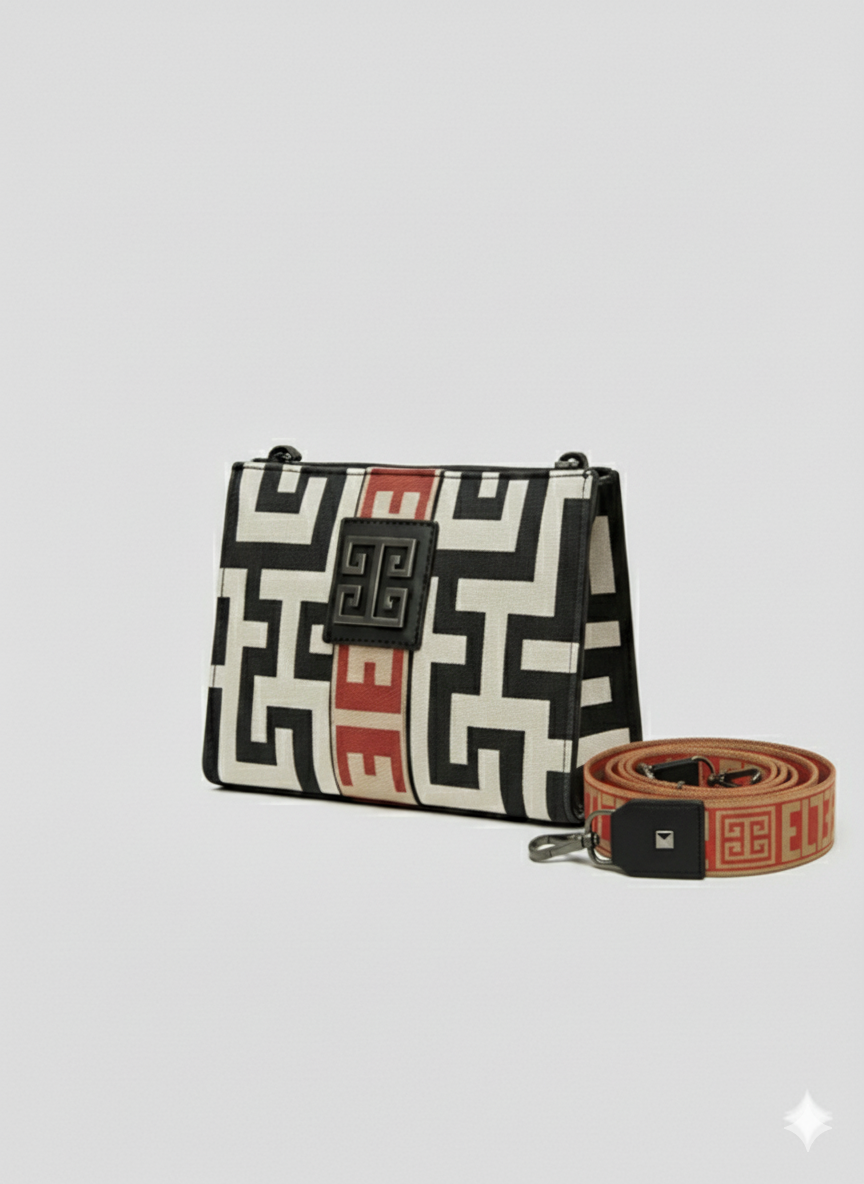 KRIOS Crossbody Bag – CLASSIC Pattern Handbag in  Ecru/Black with EL Strap
