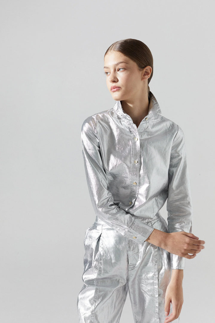 San Marino Metallic Linen Shirt- Silver