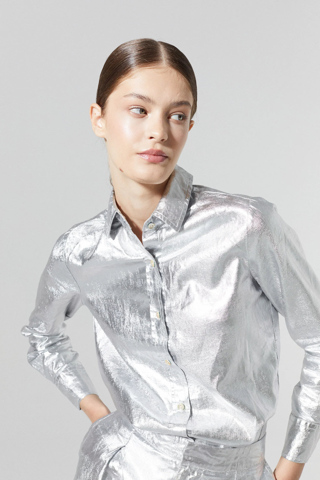 San Marino Metallic Linen Shirt- Silver