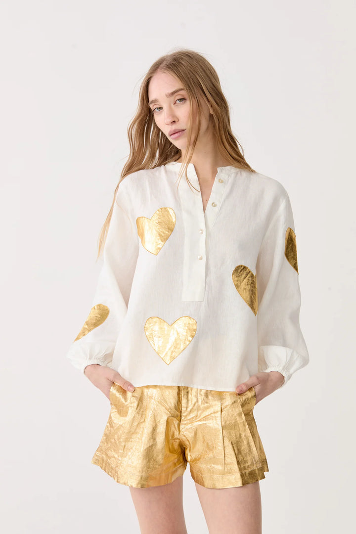 Cupid Linen Shirt- White w/ Gold Hearts