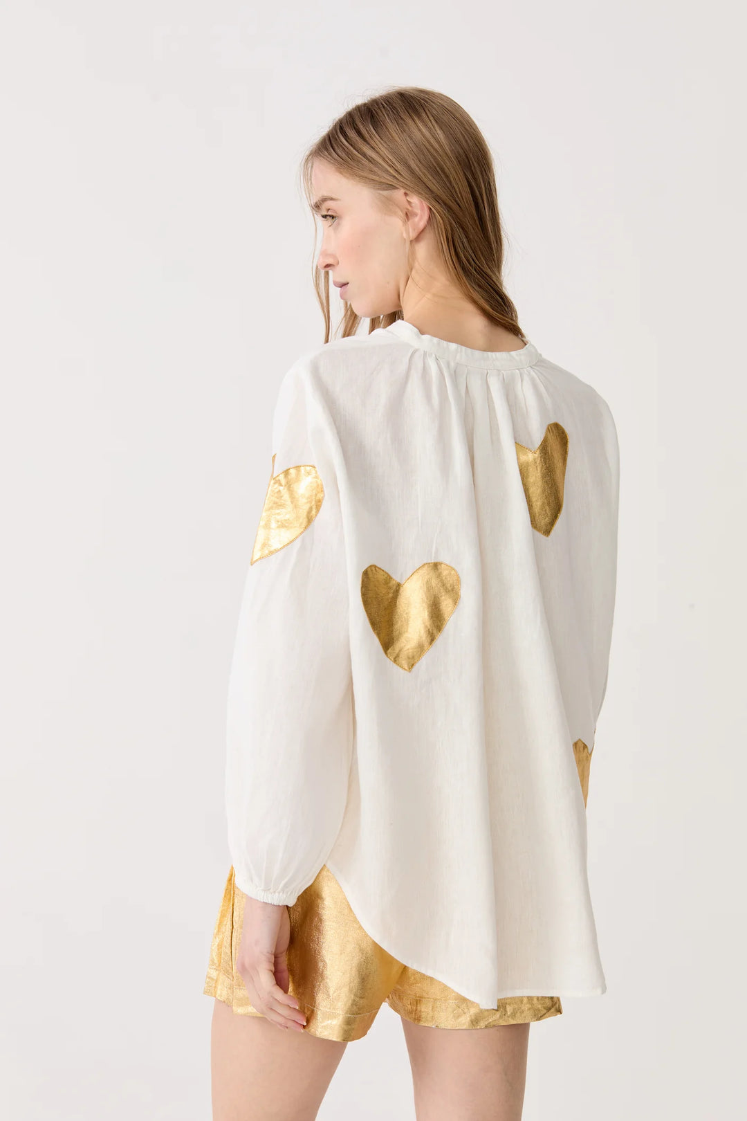 Cupid Linen Shirt- White w/ Gold Hearts