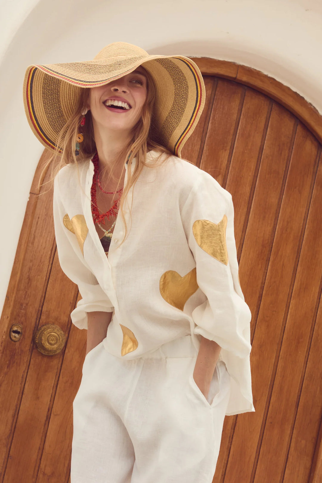 Cupid Linen Shirt- White w/ Gold Hearts