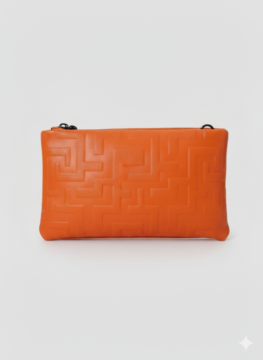 LINA Crossbody Bag – Embossed Premium Leather in Orange with 3D Glossy EL Strap