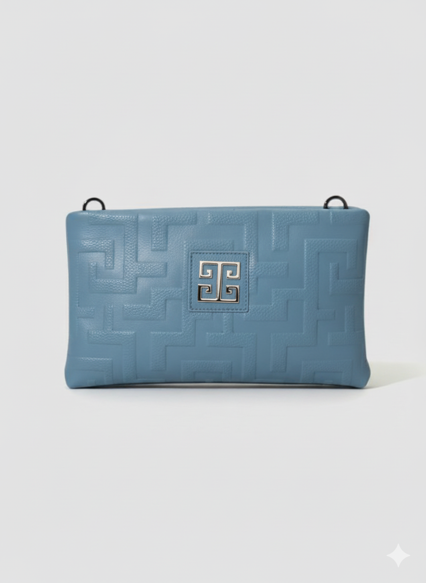 LINA Crossbody Bag – Embossed Premium Leather in Ciel with EL 3D Glossy Strap