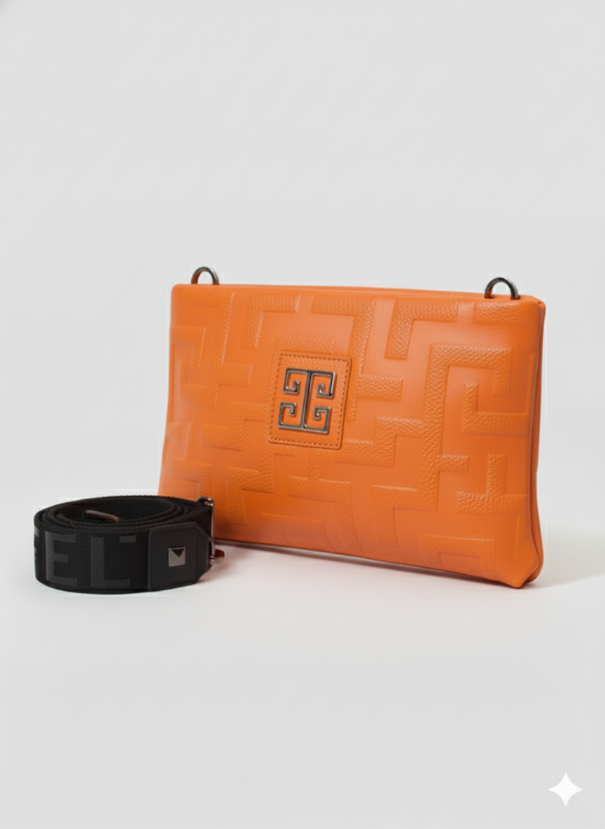 LINA Crossbody Bag – Embossed Premium Leather in Orange with 3D Glossy EL Strap