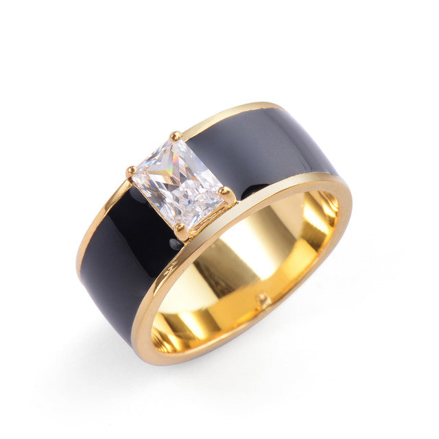 Octagon Faux Diamond Black Enamel Band Vermeil Ring