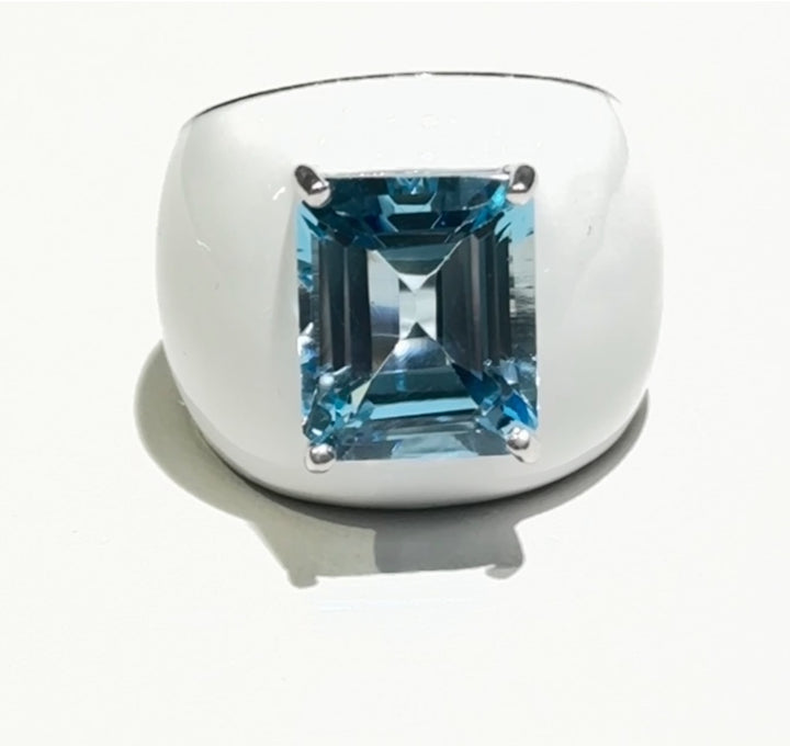 Octagon Blue Topaz White Enamel Cocktail Ring