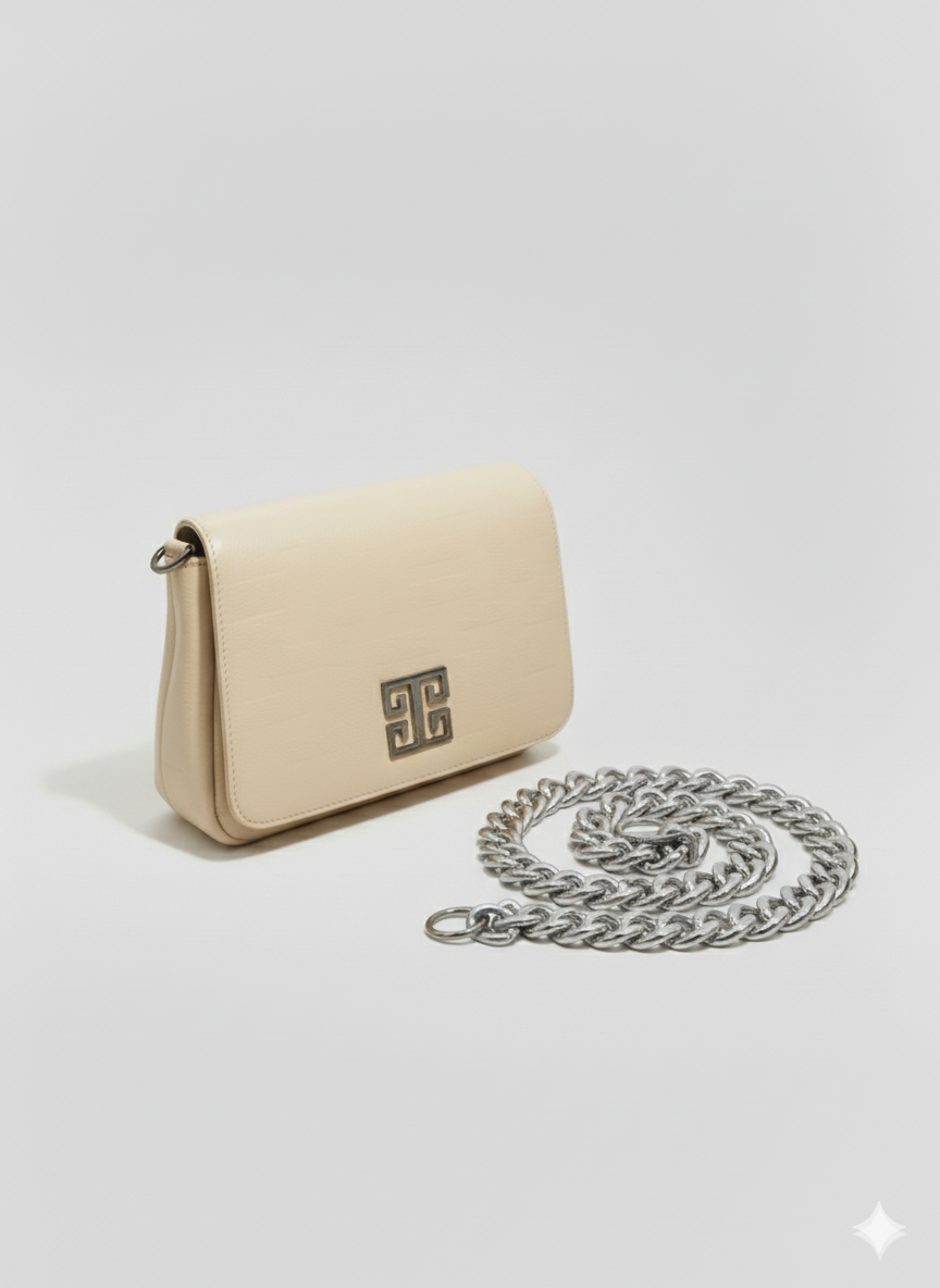 OURANOS Crossbody Bag – Embossed Premium Leather in Ecru with Chain Strap