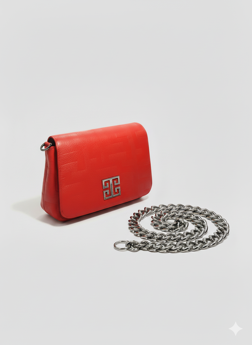 OURANOS Crossbody Bag – Embossed Premium Leather in Red with Chain Strap