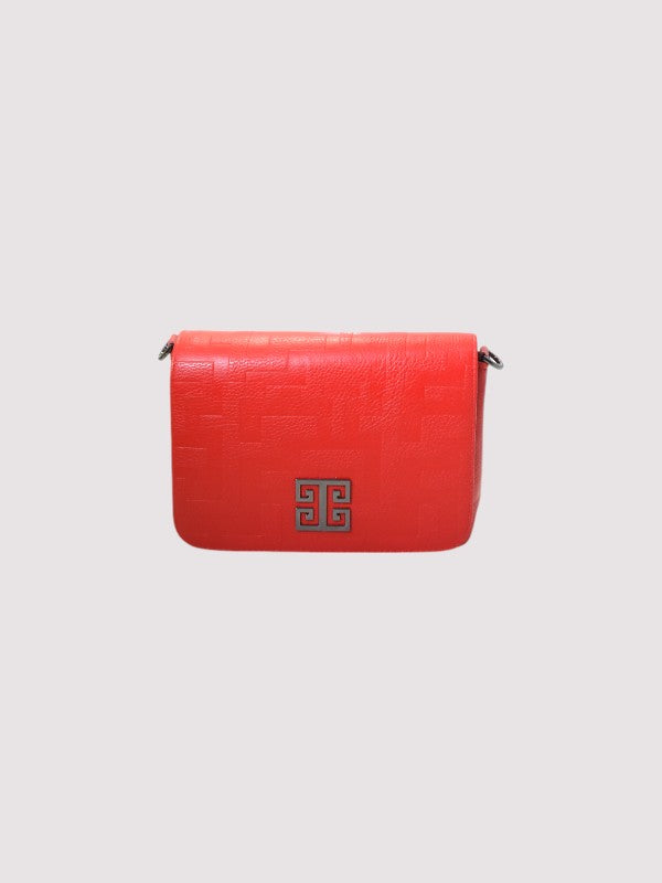 OURANOS Crossbody Bag – Embossed Premium Leather in Red with Chain Strap