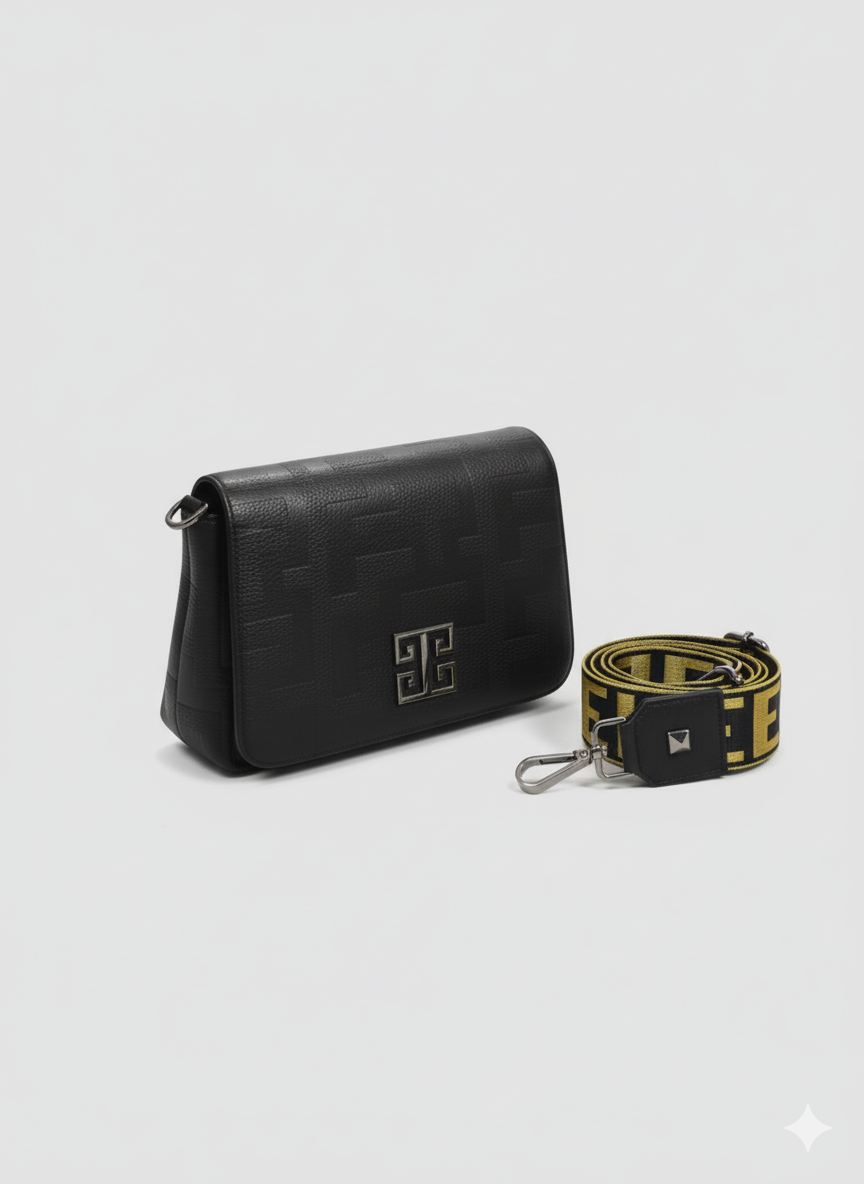 OURANOS Crossbody Bag – Embossed Premium Leather in Black with EL Strap