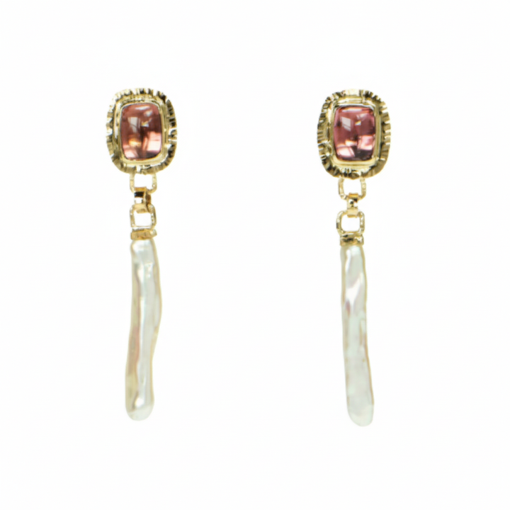 Pink Tourmaline & Stick Pearl Earrings