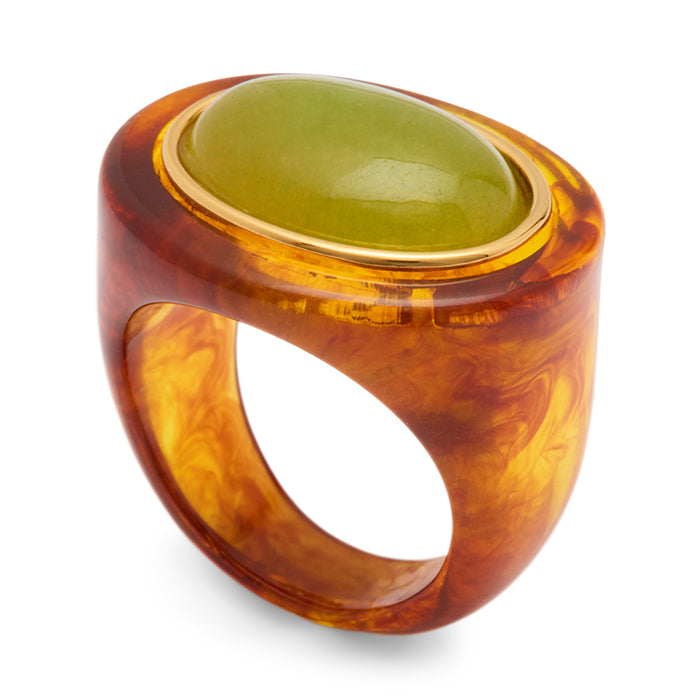 Tortoise Shell Resin and Lime Green Quartz Block Ring