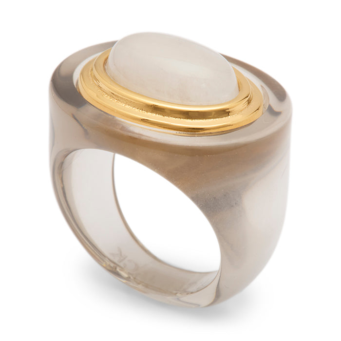 Deep Grey Resin and Moonstone Block Ring