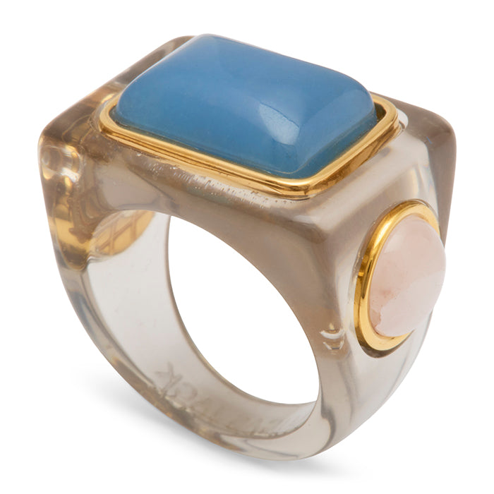 Deep Grey Resin and Sky Blue Quartz Block Ring