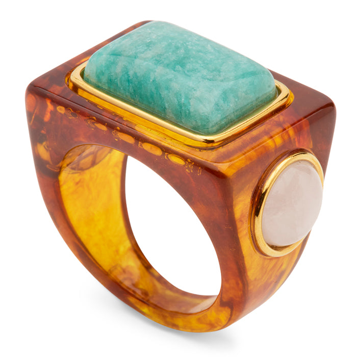 Tortoise Shell Resin and Amazonite Block Ring